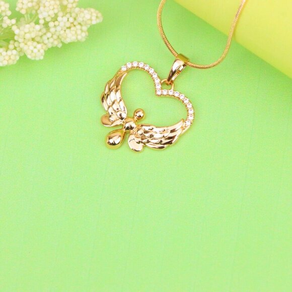 "Rose Gold Heart Pendant with Angel Wings and Crystal Accents, XPPT1251 - Picture 3 of 12